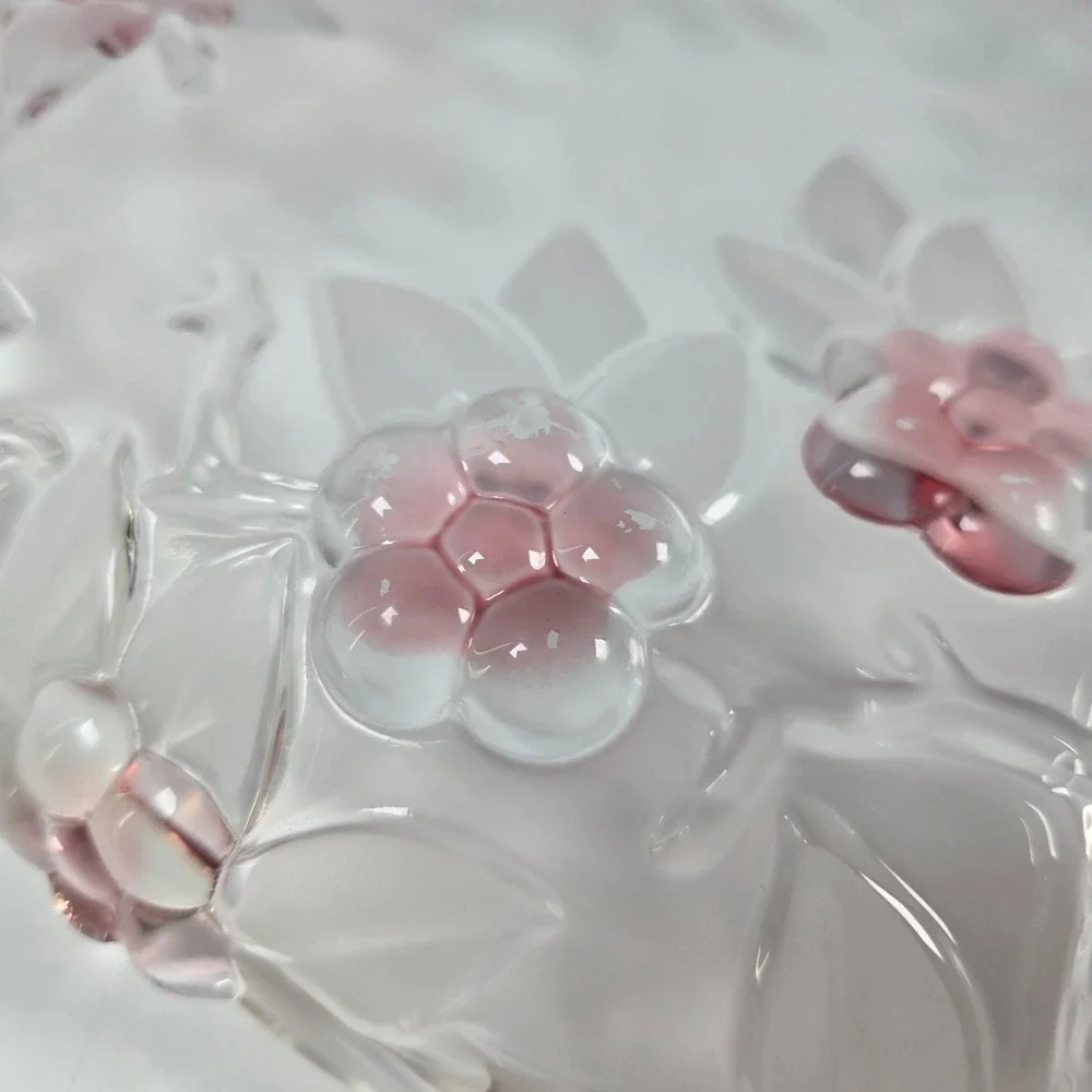 Venezia Collection Platter Fine Crystal 12.5in Pink Clear Floral Embossed Glass